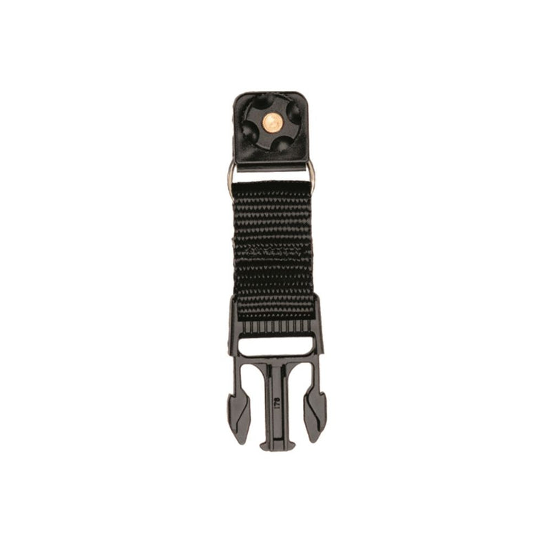 Innovate Scuba Concepts black retractable gear keeper showing extended nylon webbing strap with carabiner and dive knife attachment point