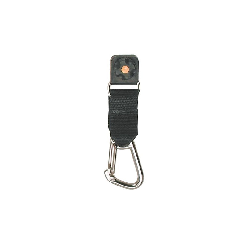 Innovate Scuba Concepts black retractable gear keeper with carabiner clip attached, showing compact design for diving equipment