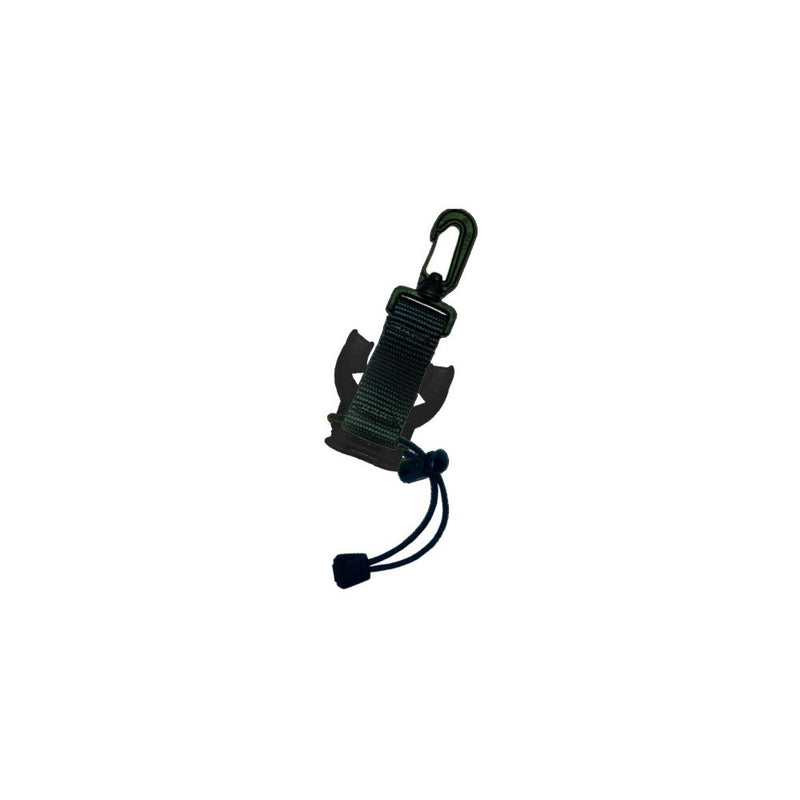 Innovate Scuba Concepts fin holder lanyard in black showing side profile with carabiner clip and retractable cord system