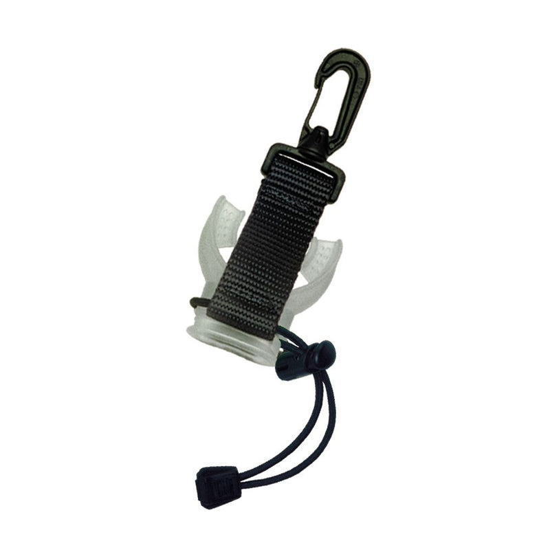 Innovate Scuba Concepts fin holder lanyard in black with white fin holder attachment, featuring carabiner clip and adjustable webbing