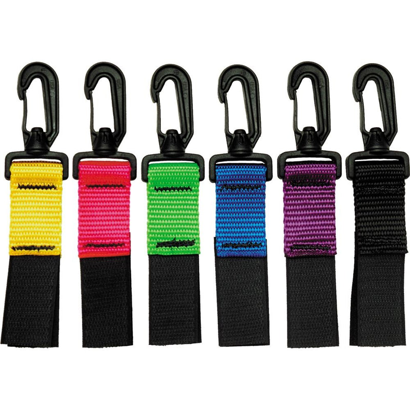 Innovate Scuba Concepts retractor lanyards in six colors - yellow, red, green, blue, purple, and black - each with carabiner clip and black webbing strap