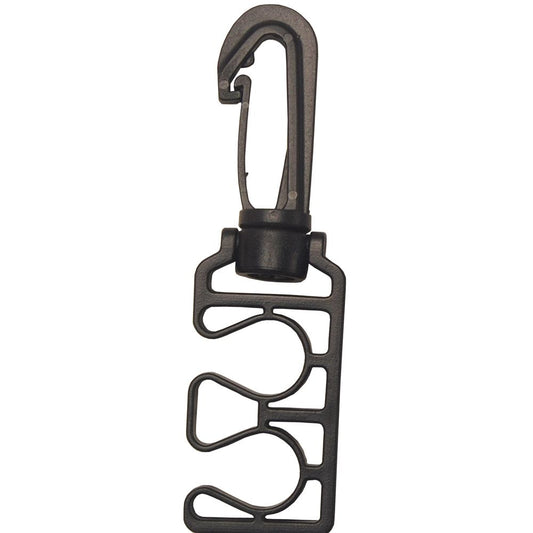 Black plastic dive gear retractor with carabiner clip and multiple attachment points