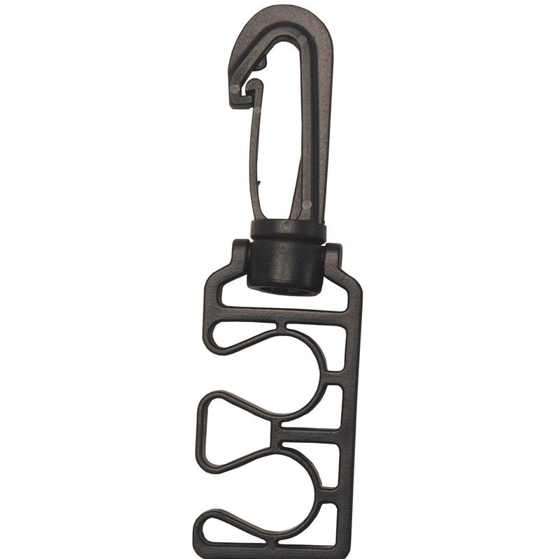 Black plastic dive gear retractor with carabiner clip and multiple attachment points