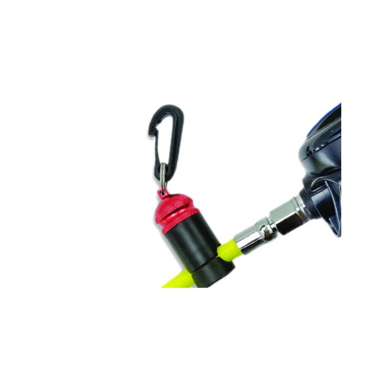 Dive gear retractor with red accent ring attached to regulator system with yellow hose
