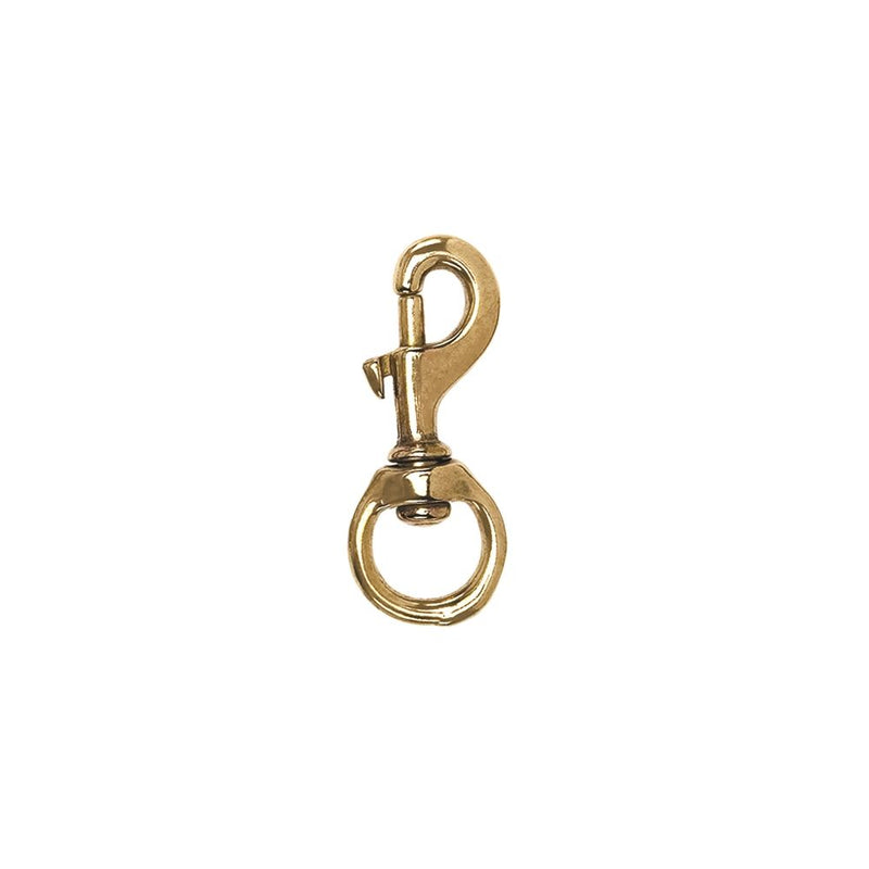 Brass swivel snap hook with spring-loaded mechanism and rotating attachment ring for marine use