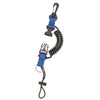 Snappy coil lanyard with black coil and blue webbing, dual clips for scuba equipment security