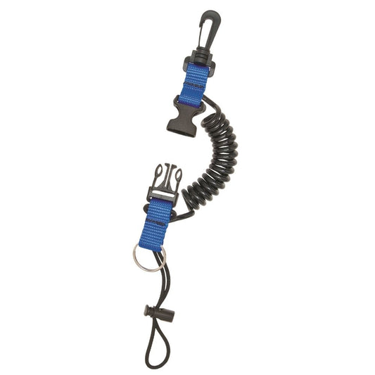 Snappy coil lanyard with black coil and blue webbing, dual clips for scuba equipment security