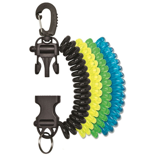 Coiled scuba lanyards in assorted colors, with quick-release buckle and black clip attachment