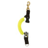 High-visibility yellow snappy coil with brass snap hook and plastic buckle, for quick gear access and security.
