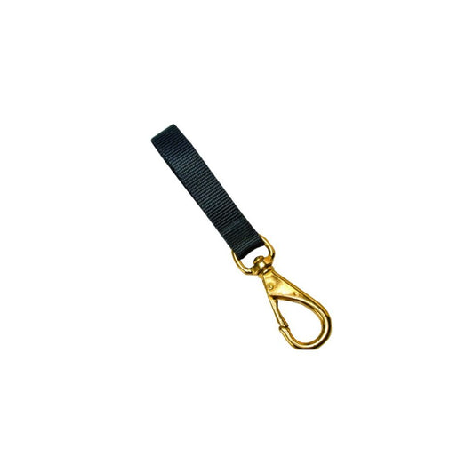 Compact lanyard featuring durable black webbing and a gold-tone brass snap clip, ideal for securing dive accessories.