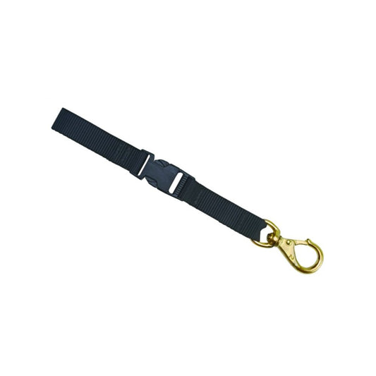 Black adjustable lanyard with side-release buckle and brass snap hook, designed for easy attachment and quick access.