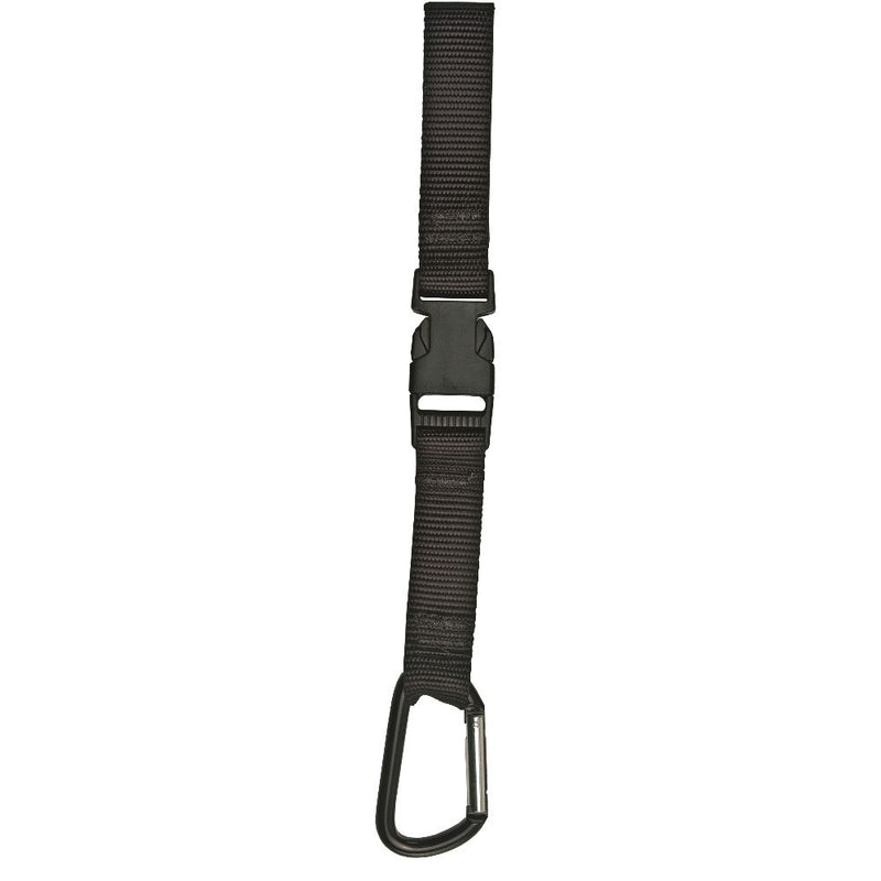 Long black webbing lanyard with side-release buckle and a black aluminum carabiner, perfect for diving tools.