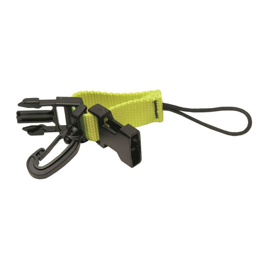 Bright yellow wrist lanyard with plastic split clip, loop cord, and attachment buckle for securing small dive items.