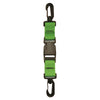Green webbing lanyard featuring dual plastic clips and a central quick-release buckle for versatile dive gear attachment.