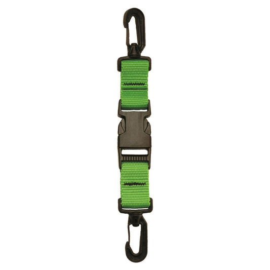 Green webbing lanyard featuring dual plastic clips and a central quick-release buckle for versatile dive gear attachment.
