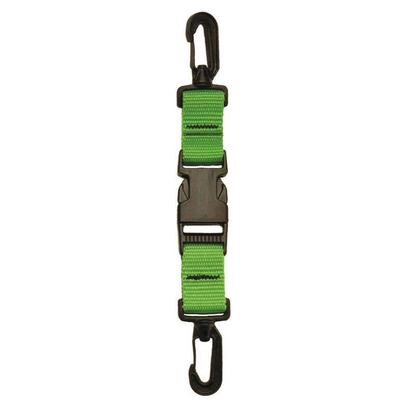 Green webbing lanyard featuring dual plastic clips and a central quick-release buckle for versatile dive gear attachment.