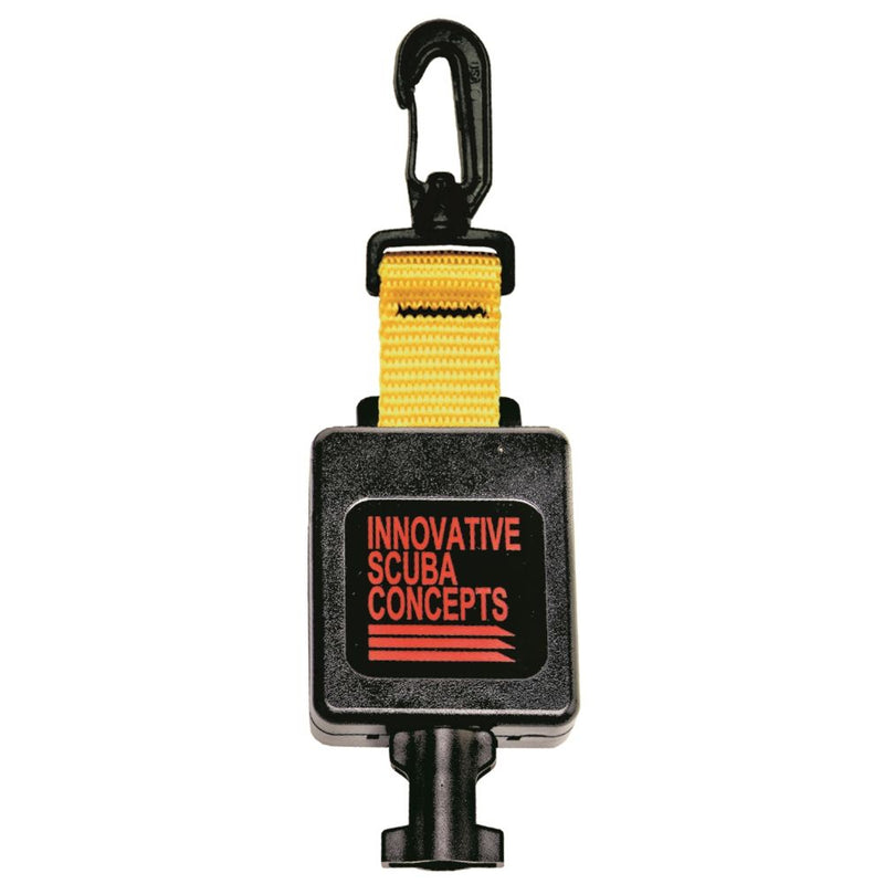 Close-up of single scuba retractor with yellow strap and black clip labeled "Innovative Scuba Concepts.