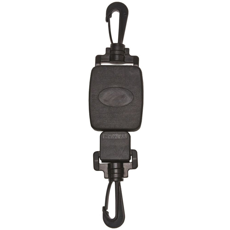 Double-ended black retractable gear clip with two plastic snap hooks