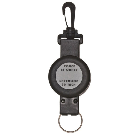 Round black retractor labeled “Force 18 Ounce – Extension 36 Inch” with key ring