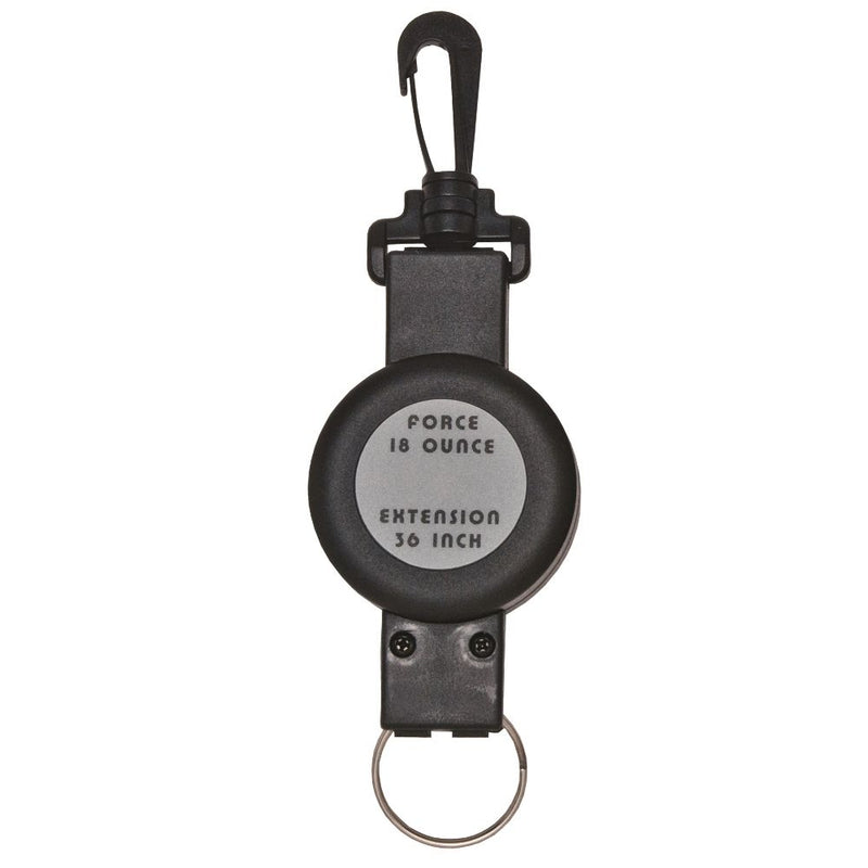 Round black retractor labeled “Force 18 Ounce – Extension 36 Inch” with key ring