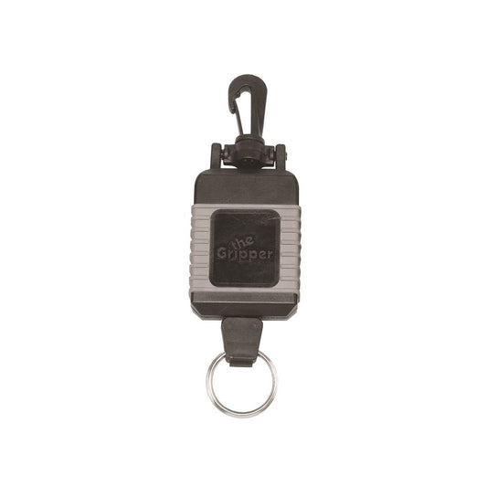 Single “The Gripper” retractable clip with black housing and striped gray sides