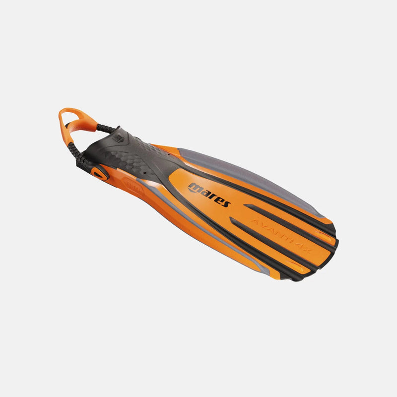 Orange and black diving fin with 'Marex' branding on a white background