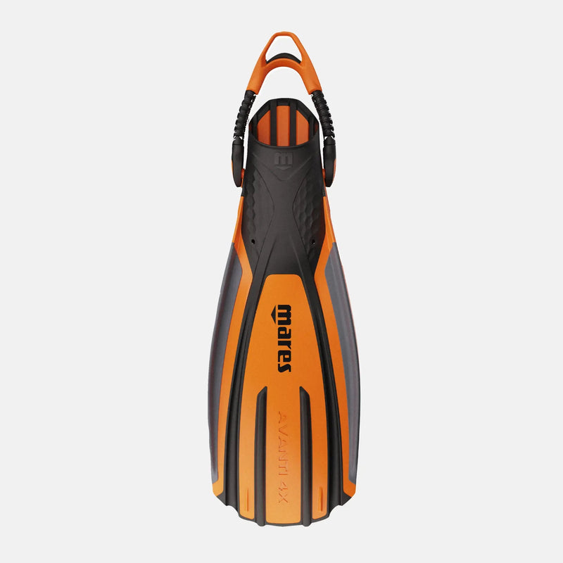 Orange and black diving fin with Mares branding on a white background