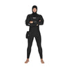 Person wearing a black wetsuit with a hood on a white background
