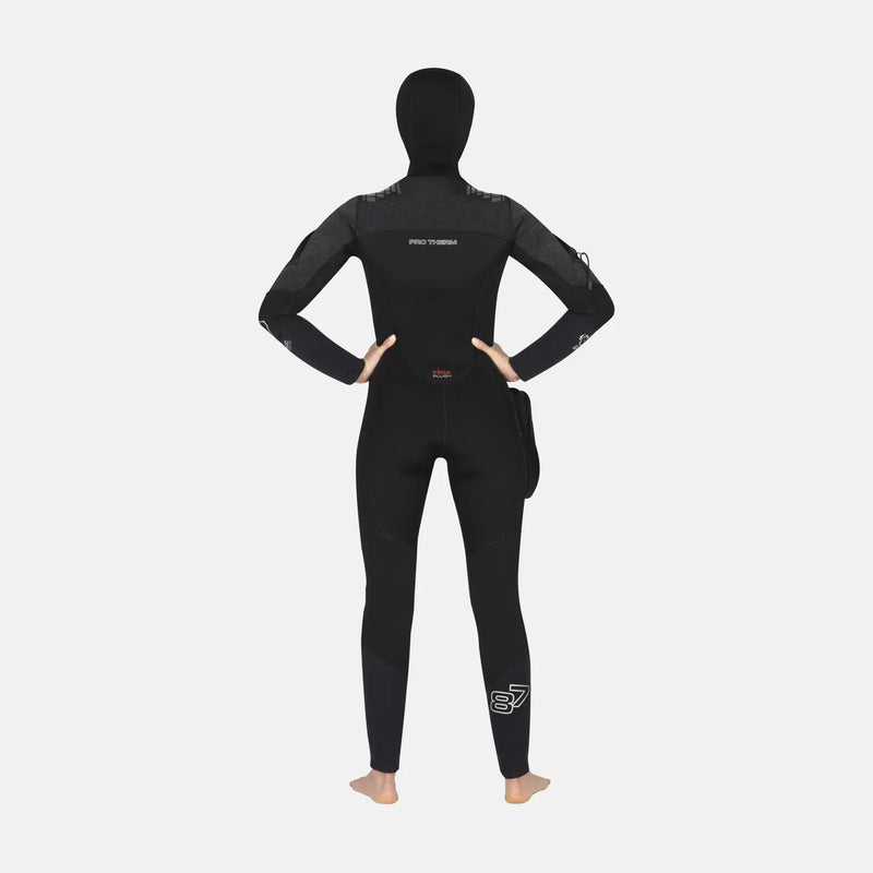 Black wetsuit with branding on a white background