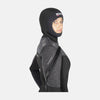 Person wearing a black and gray wetsuit with a hood on a white background