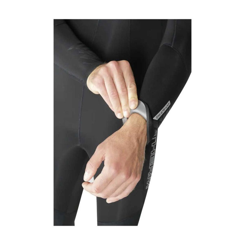 Close-up of a person wearing a black wetsuit 