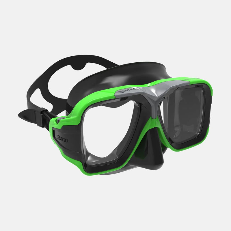 Diving mask with green frame and black accents on a white background
