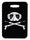 Innovate Scuba Concepts luggage tag with a white scuba mask above two crossed spearguns on a black background, pirate-style.