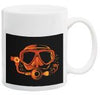 White ceramic mug with black background featuring orange diving mask and regulator equipment design