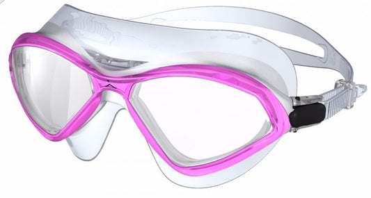 Innovate Scuba Concepts diving mask with pink frame, clear skirt and adjustable strap
