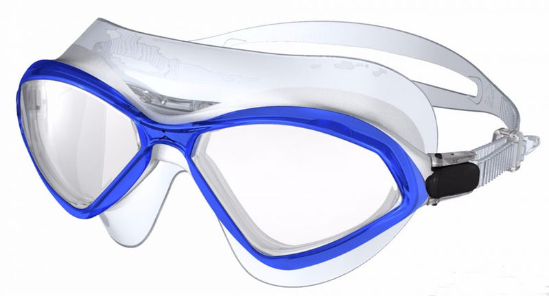 Innovate Scuba Concepts diving mask with blue frame, clear silicone skirt and adjustable strap