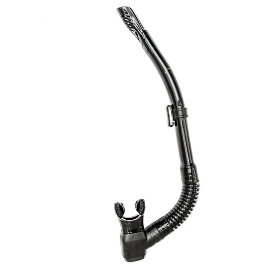 Black traditional J-shaped snorkel with mouthpiece and keeper by Innovative Scuba Concepts