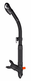 Innovative Scuba Concepts black snorkel with curved tube design, comfortable mouthpiece, and adjustable mask strap clip for scuba diving and snorkeling