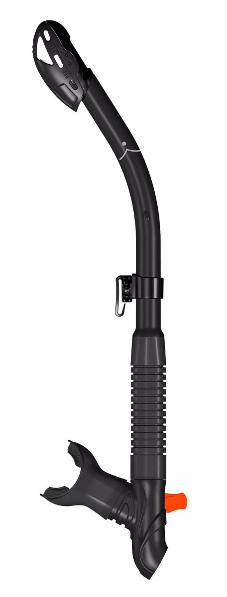 Innovative Scuba Concepts black snorkel with curved tube design, comfortable mouthpiece, and adjustable mask strap clip for scuba diving and snorkeling