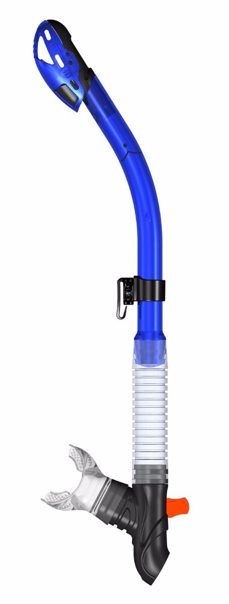 Blue full-face snorkel with clear corrugated tube and black base attachment by Innovative Scuba Concepts