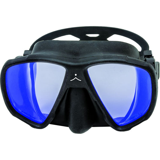 nnovative Scuba Concepts diving mask with blue mirror lens and black silicone skirt