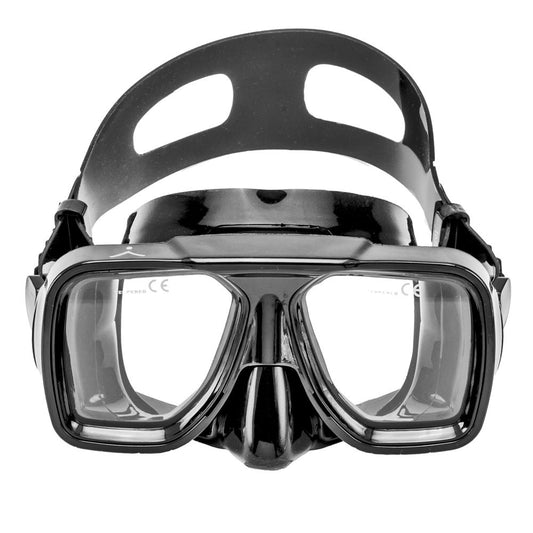 Innovative Scuba Concepts black diving mask with dual lens configuration and secure strap system