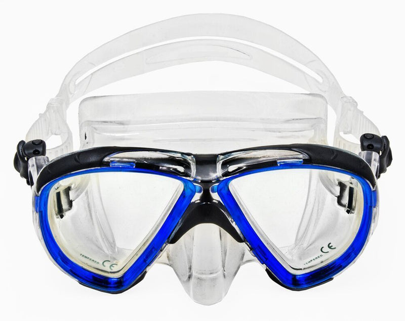 Innovative Scuba Concepts MSF2446 diving mask - clear silicone frame with blue trim accents and tempered glass lenses