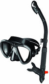 Black diving mask and snorkel set with curved snorkel tube by Innovative Scuba Concepts