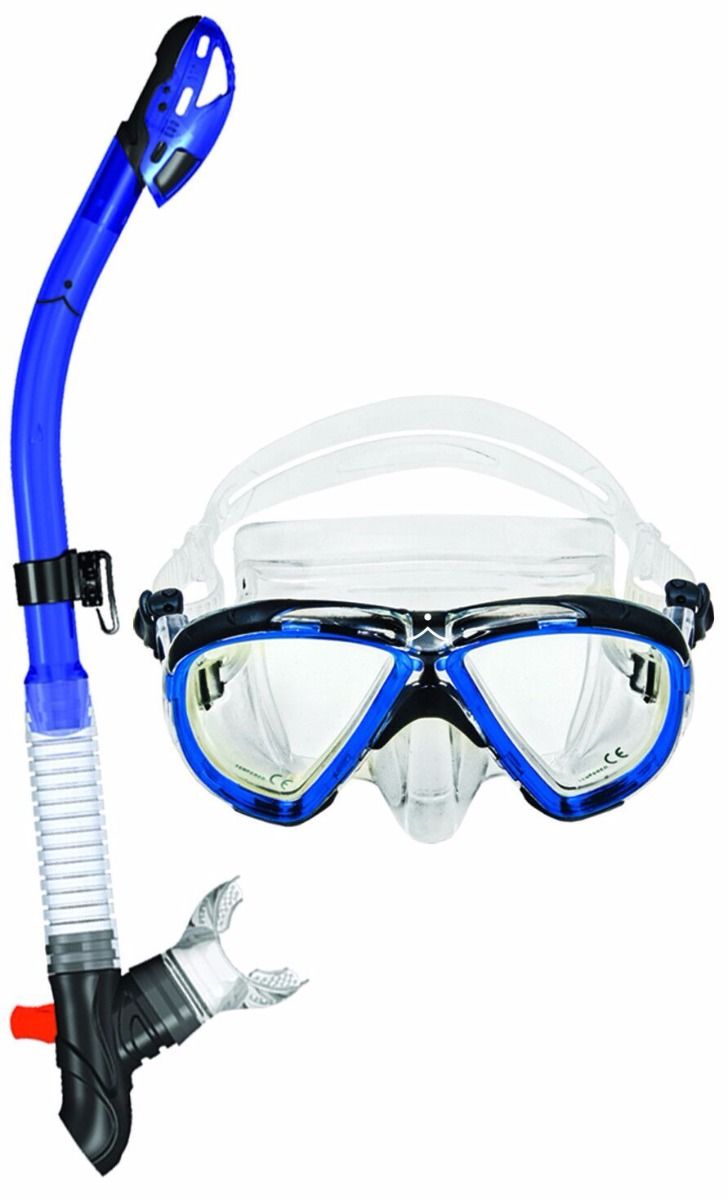 Blue and clear diving mask with matching blue snorkel tube by Innovative Scuba Concepts