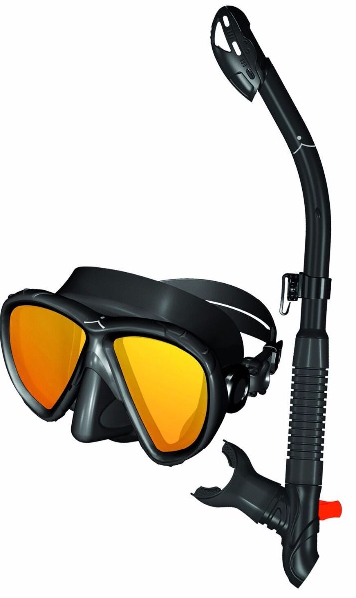 Black diving mask with orange-yellow mirrored lenses and black snorkel set by Innovative Scuba Concepts