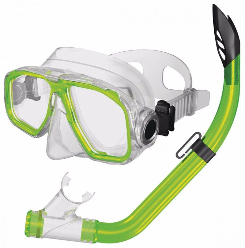 Green and clear diving mask with matching green snorkel tube by Innovative Scuba Concepts