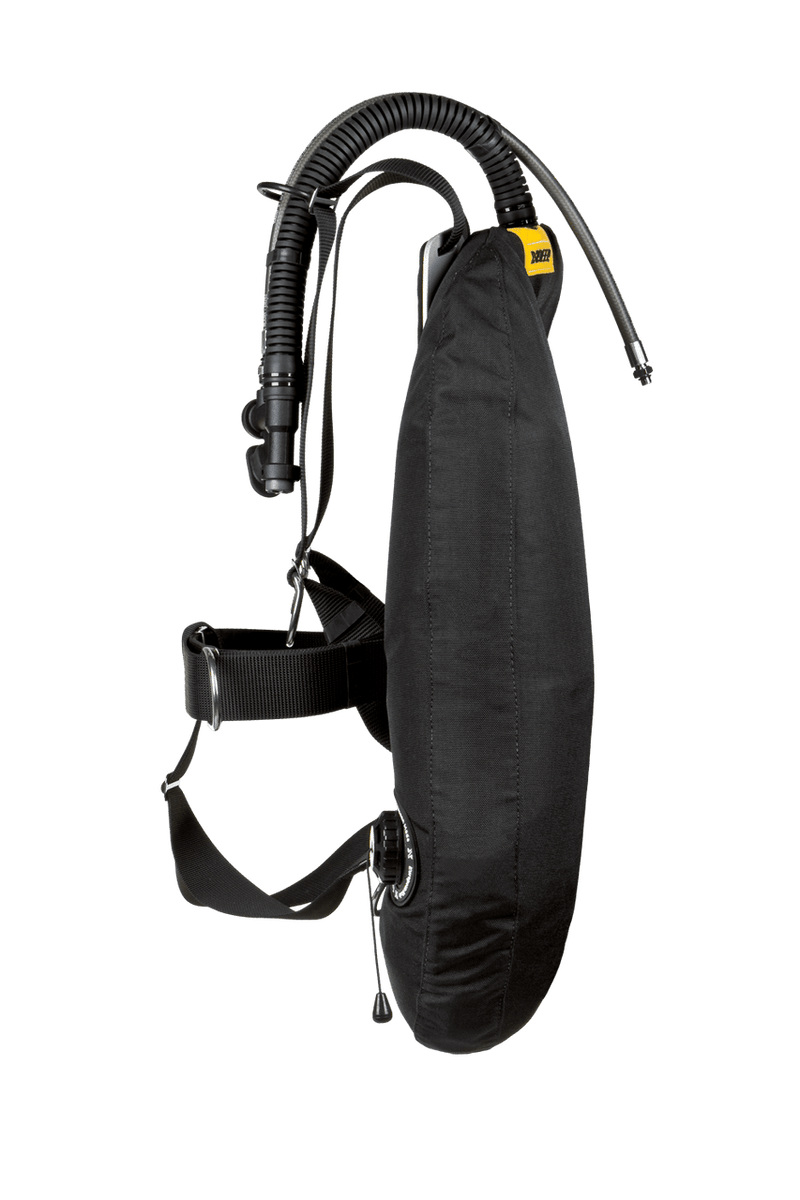 XDEEP NX PROJECT – angled top view displaying harness layout, stainless backplate, and dual-tank wing