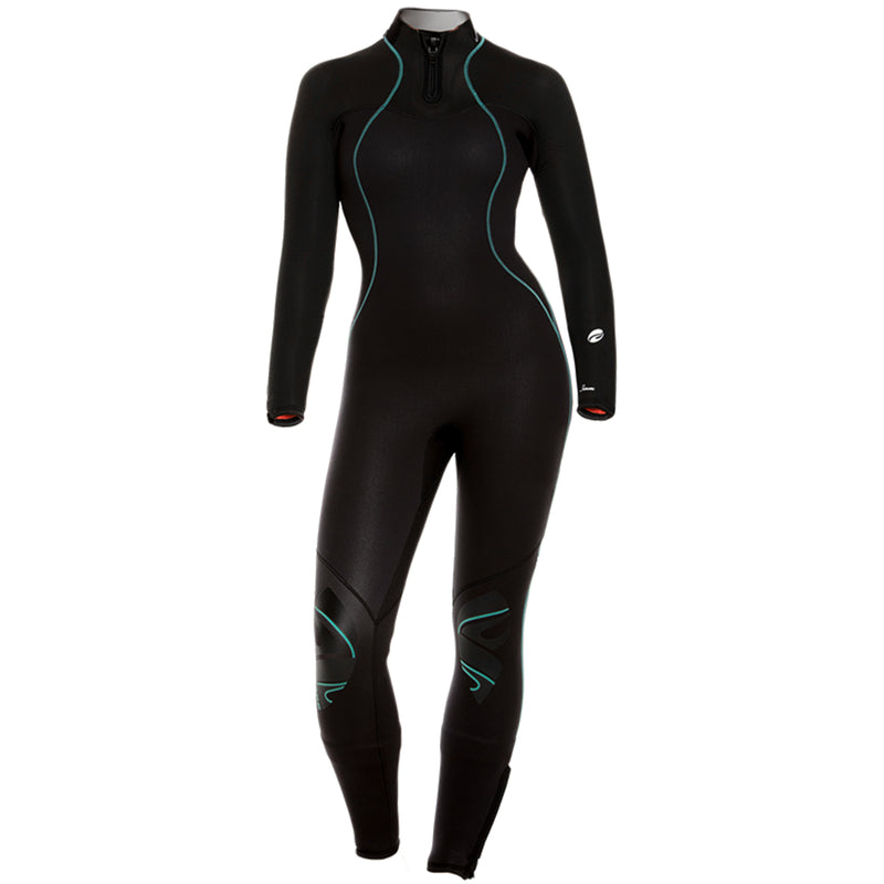 Black wetsuit with teal accents on a white background