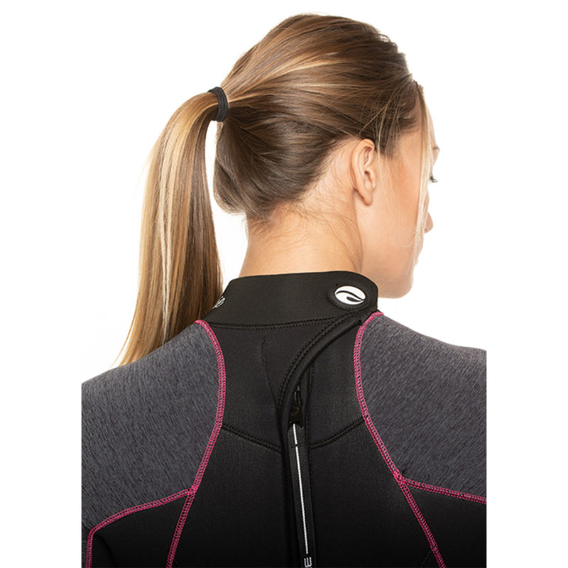 Person wearing a black and gray wetsuit with pink stitching on a white background